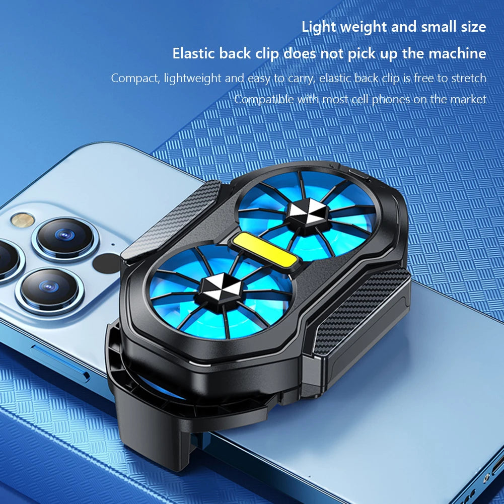 Dual Fan Mobile Phone Cooler Plug-in/Rechargeable Phone Cooler Air Cooling Type-C with Blue Light for Android Smartphones iPhone