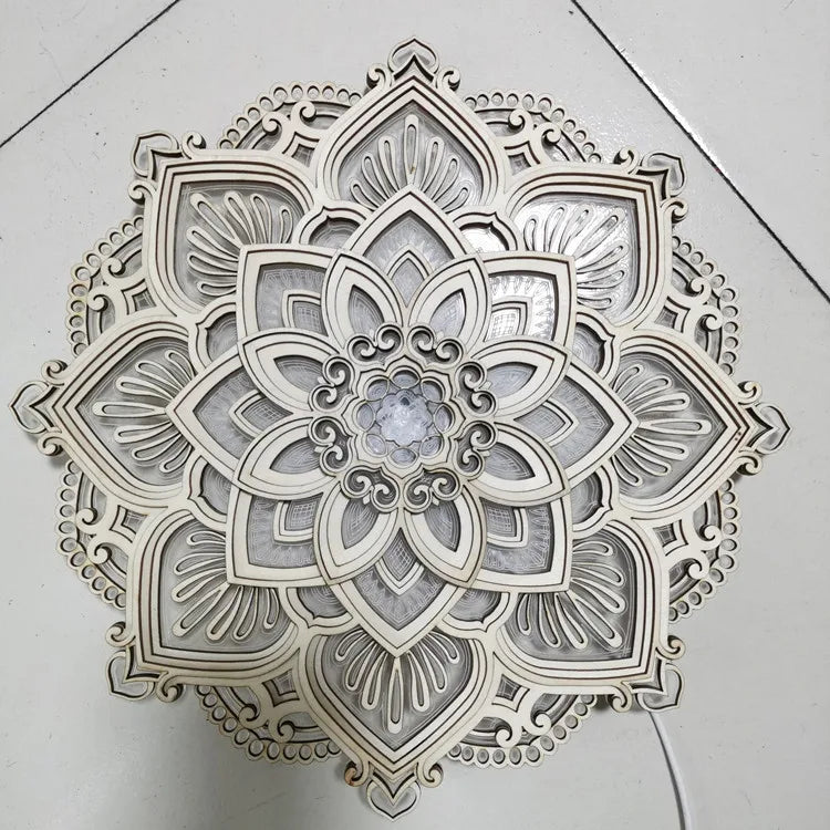 LED Mandala Lotus Lamp Night Light Wall Hanging Ornament Yoga Room Bedroom Home Decoration Accessories Wood Carving Art Statue