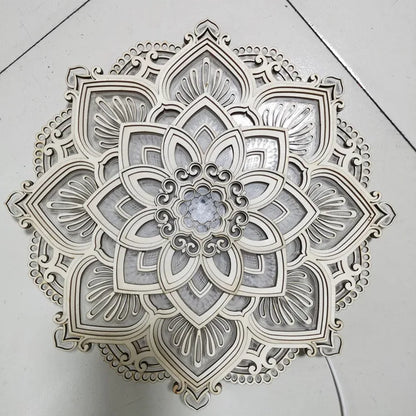 LED Mandala Lotus Lamp Night Light Wall Hanging Ornament Yoga Room Bedroom Home Decoration Accessories Wood Carving Art Statue