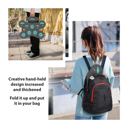 WGS505 Electronic Drum Set 9 Pads Hand Roll Drum with Dual Speaker Rechargeable Practice Drum Kit + Drumsticks + Foot Pedal