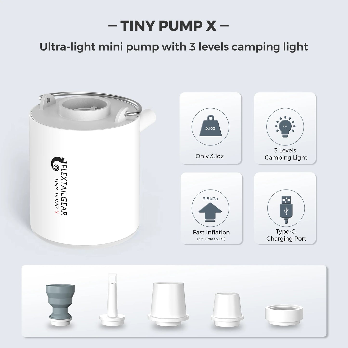 FLEXTAIL Portable Air Pump, Mini Camping Pump with Light, USB-C Charging, Ideal for Sleeping Pads, Air Bed Mattress, Vacuum Bags