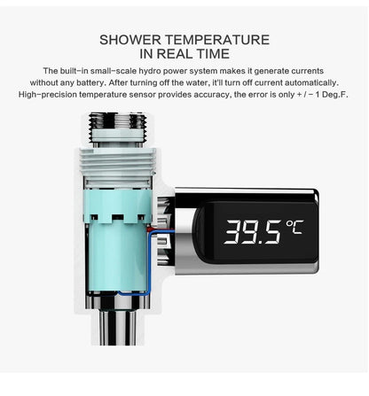 Smart LED Digital Shower Thermometer Kitchen Bathroom Faucet Shower Water Thermometer 360° Rotating Water Flow Power Generation