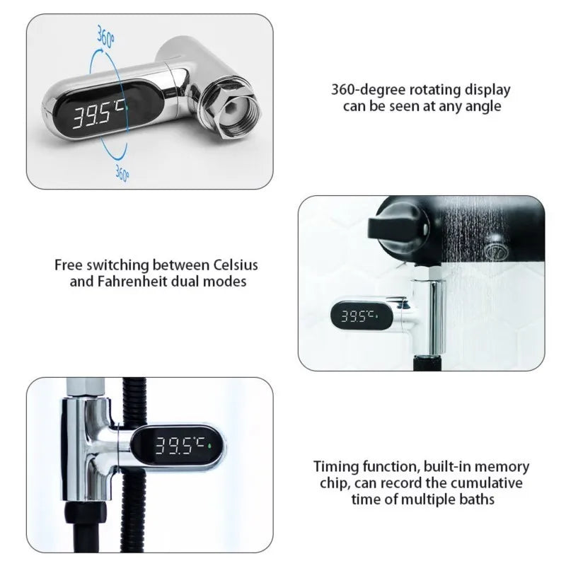 Smart LED Digital Shower Thermometer Kitchen Bathroom Faucet Shower Water Thermometer 360° Rotating Water Flow Power Generation