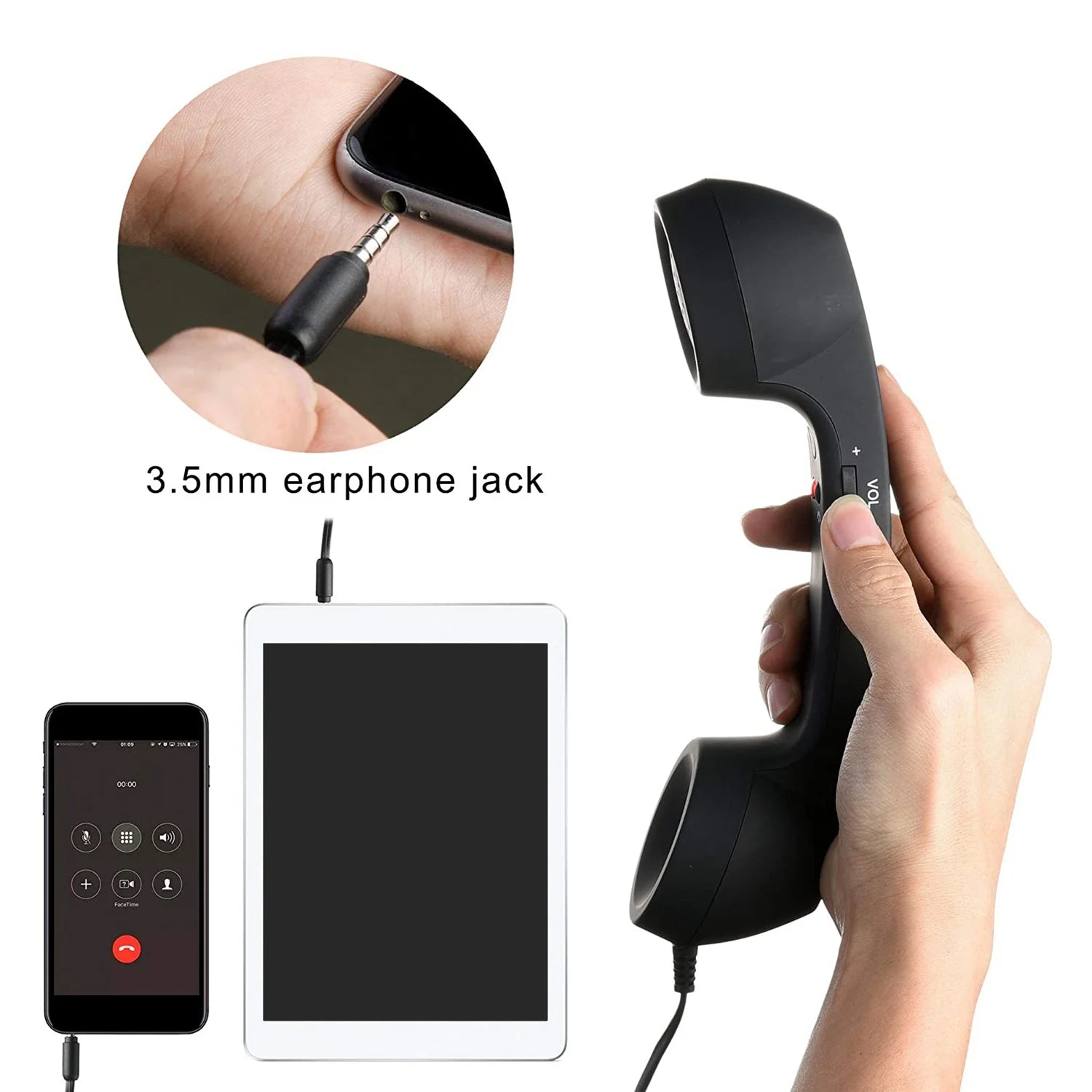 Vintage Retro Telephone Handset Cell Phone Receiver MIC Microphone for Cellphone Smartphone, 3.5 mm Socket (Black)