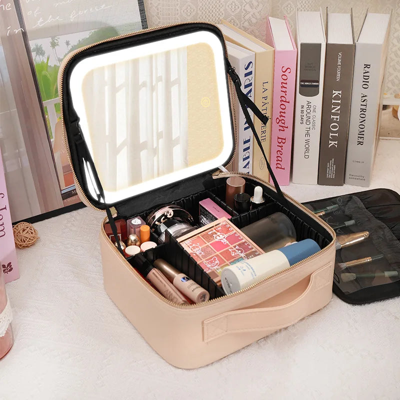 Portable LED Makeup Bag with Mirror&Light Large Capacity Travel Cosmetic Organizer Professional Handheld Cosmetic Storage Box