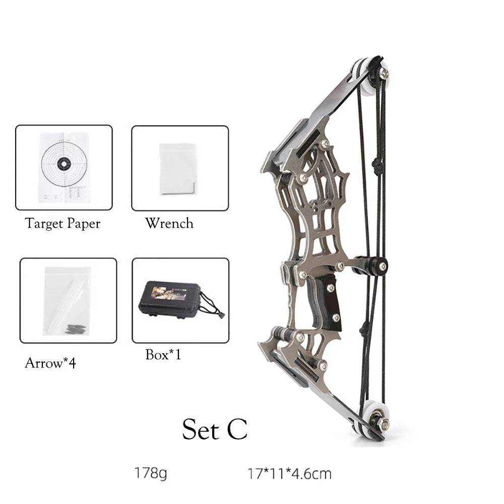 1set Mini Bow and Arrow Miniature Compound Bow Recurve Bow Stainless Steel Soldier Small Bow Archery Decompression Toys Gifts