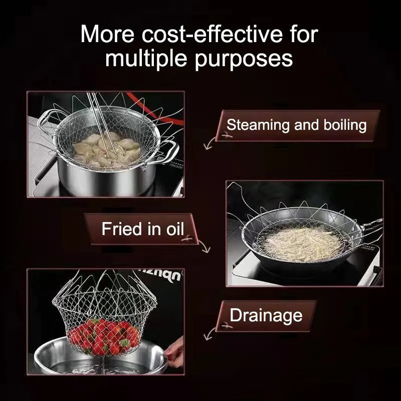 1PC/3PCS Stainless Steel Foldable Multifunctional Fryer Basket French Fry Strainer Kitchen Appliance Is Durable