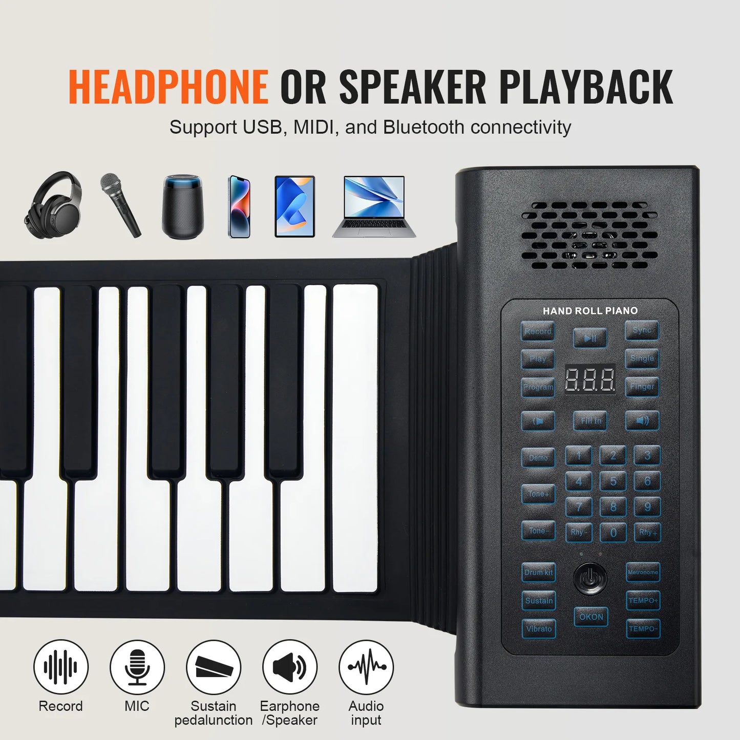 SucceBuy 88 Keys Roll Up Piano 128 Rhythms & Tones Portable Electric Digital Hand Roll Piano for Beginners, Rechargeable Battery