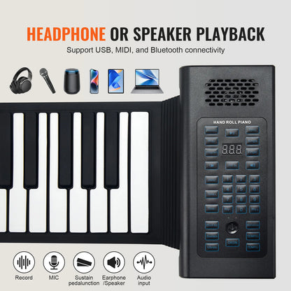 SucceBuy 88 Keys Roll Up Piano 128 Rhythms & Tones Portable Electric Digital Hand Roll Piano for Beginners, Rechargeable Battery