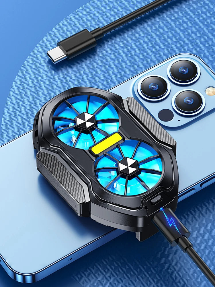 Dual Fan Mobile Phone Cooler Plug-in/Rechargeable Phone Cooler Air Cooling Type-C with Blue Light for Android Smartphones iPhone