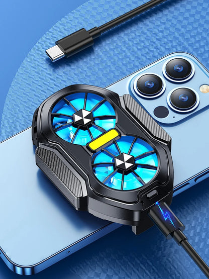 Dual Fan Mobile Phone Cooler Plug-in/Rechargeable Phone Cooler Air Cooling Type-C with Blue Light for Android Smartphones iPhone
