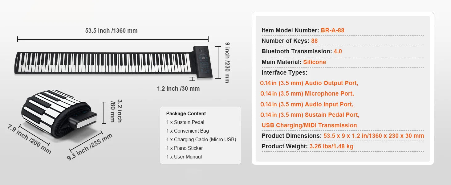 SucceBuy 88 Keys Roll Up Piano 128 Rhythms & Tones Portable Electric Digital Hand Roll Piano for Beginners, Rechargeable Battery