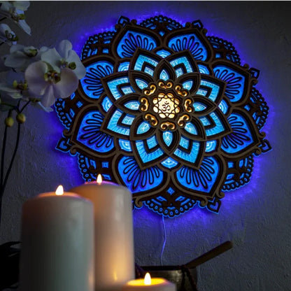 LED Mandala Lotus Lamp Night Light Wall Hanging Ornament Yoga Room Bedroom Home Decoration Accessories Wood Carving Art Statue