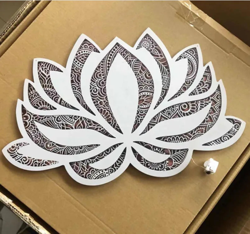 LED Mandala Lotus Lamp Night Light Wall Hanging Ornament Yoga Room Bedroom Home Decoration Accessories Wood Carving Art Statue