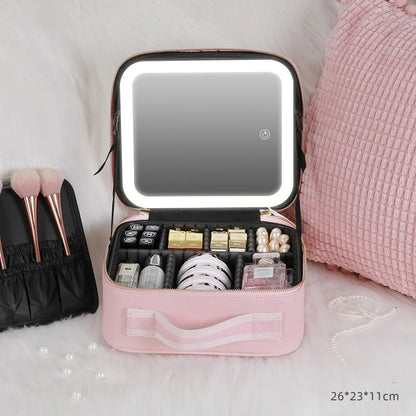 Portable LED Makeup Bag with Mirror&Light Large Capacity Travel Cosmetic Organizer Professional Handheld Cosmetic Storage Box