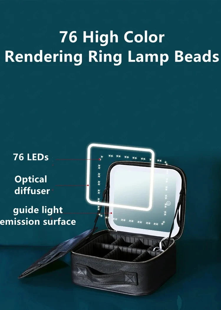 Portable LED Makeup Bag with Mirror&Light Large Capacity Travel Cosmetic Organizer Professional Handheld Cosmetic Storage Box