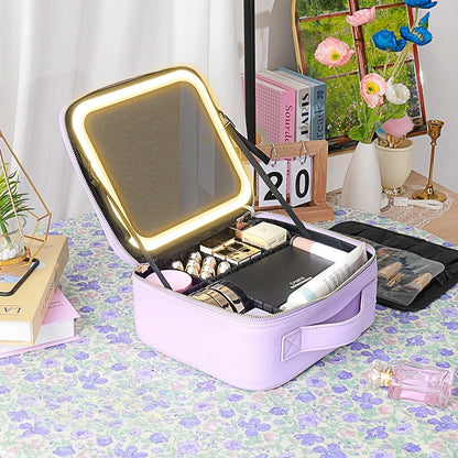 Portable LED Makeup Bag with Mirror&Light Large Capacity Travel Cosmetic Organizer Professional Handheld Cosmetic Storage Box