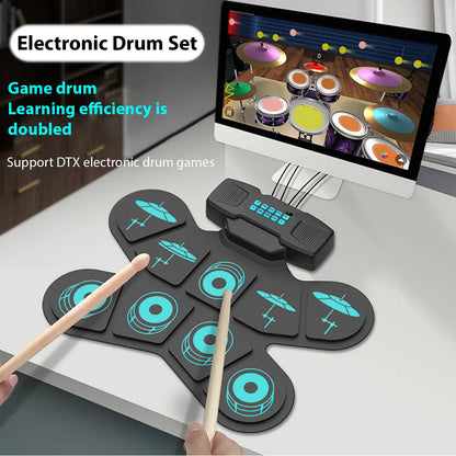 WGS505 Electronic Drum Set 9 Pads Hand Roll Drum with Dual Speaker Rechargeable Practice Drum Kit + Drumsticks + Foot Pedal