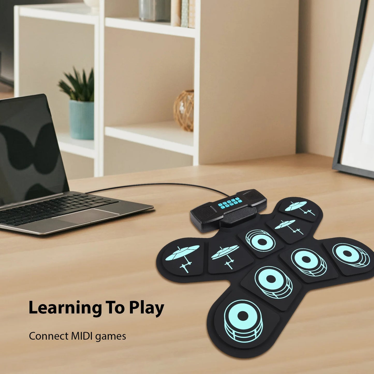 WGS505 Electronic Drum Set 9 Pads Hand Roll Drum with Dual Speaker Rechargeable Practice Drum Kit + Drumsticks + Foot Pedal