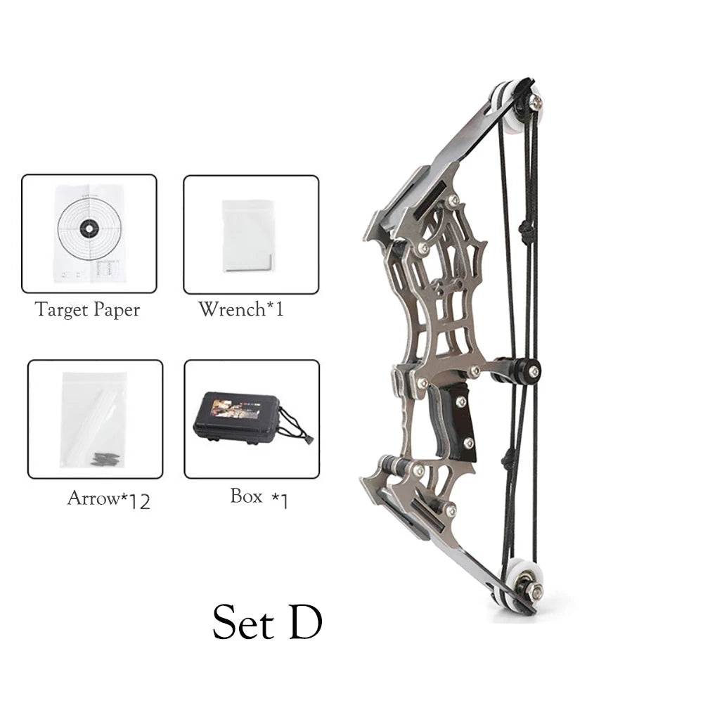 1set Mini Bow and Arrow Miniature Compound Bow Recurve Bow Stainless Steel Soldier Small Bow Archery Decompression Toys Gifts