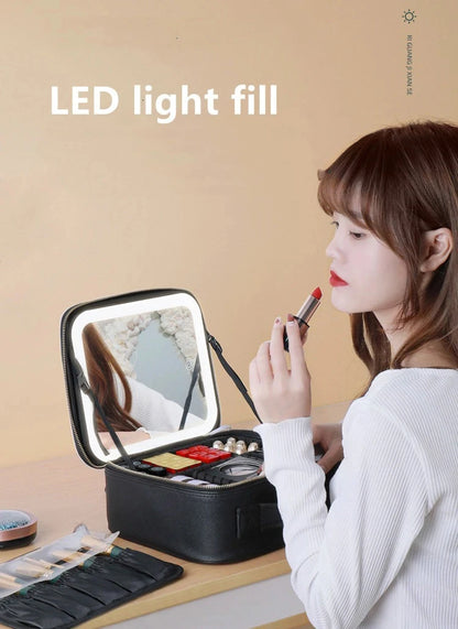Portable LED Makeup Bag with Mirror&Light Large Capacity Travel Cosmetic Organizer Professional Handheld Cosmetic Storage Box