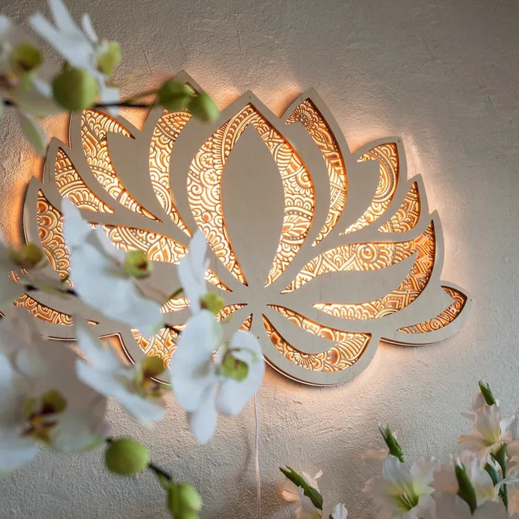 LED Mandala Lotus Lamp Night Light Wall Hanging Ornament Yoga Room Bedroom Home Decoration Accessories Wood Carving Art Statue