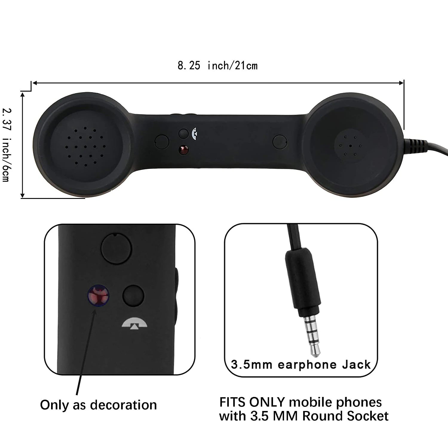 Vintage Retro Telephone Handset Cell Phone Receiver MIC Microphone for Cellphone Smartphone, 3.5 mm Socket (Black)