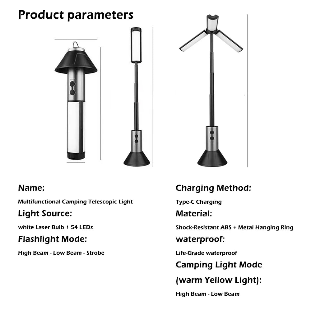 Rechargeable Outdoor Portable Hiking Camping Fishing Flashlight Telescoping Camping Lantern Telescopic Camping Light