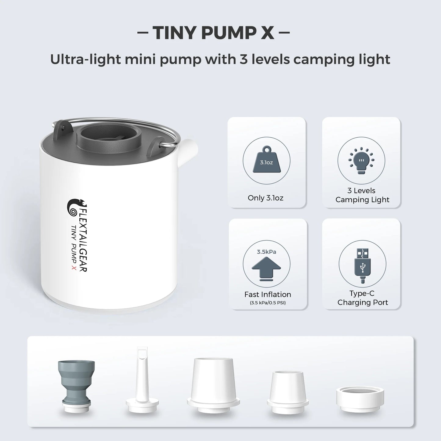 FLEXTAIL Portable Air Pump, Mini Camping Pump with Light, USB-C Charging, Ideal for Sleeping Pads, Air Bed Mattress, Vacuum Bags