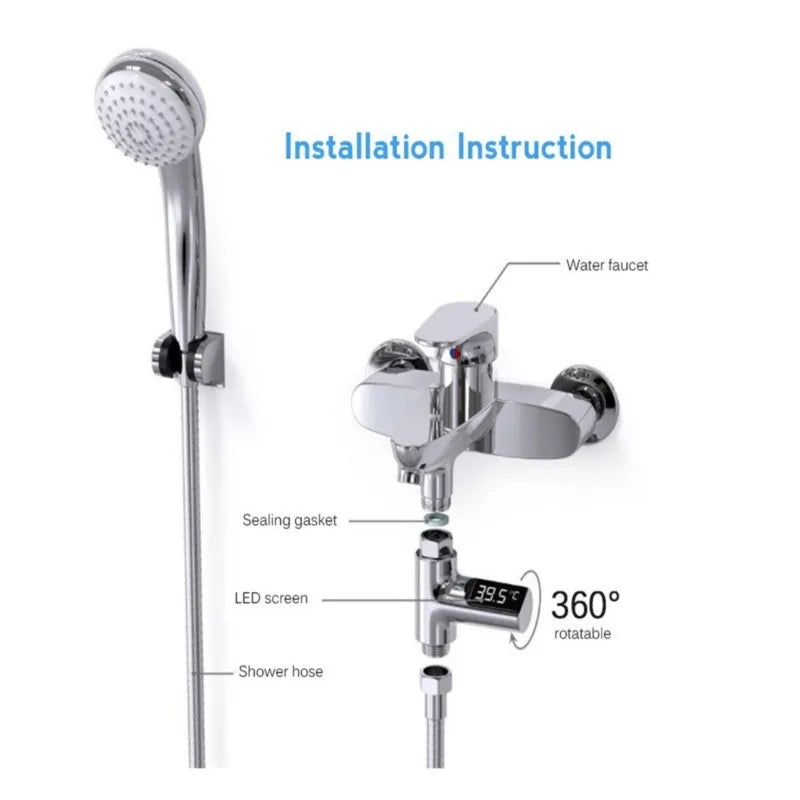 Smart LED Digital Shower Thermometer Kitchen Bathroom Faucet Shower Water Thermometer 360° Rotating Water Flow Power Generation