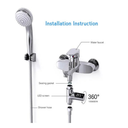 Smart LED Digital Shower Thermometer Kitchen Bathroom Faucet Shower Water Thermometer 360° Rotating Water Flow Power Generation