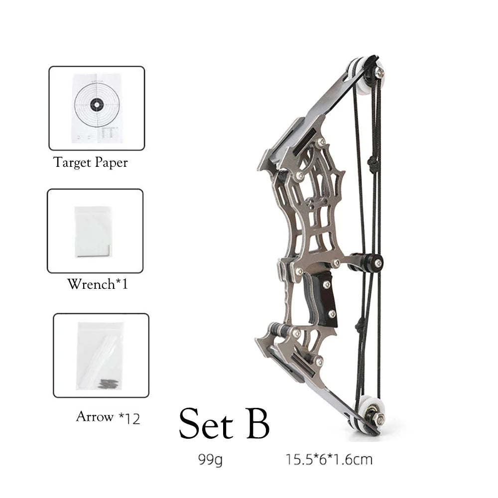 1set Mini Bow and Arrow Miniature Compound Bow Recurve Bow Stainless Steel Soldier Small Bow Archery Decompression Toys Gifts