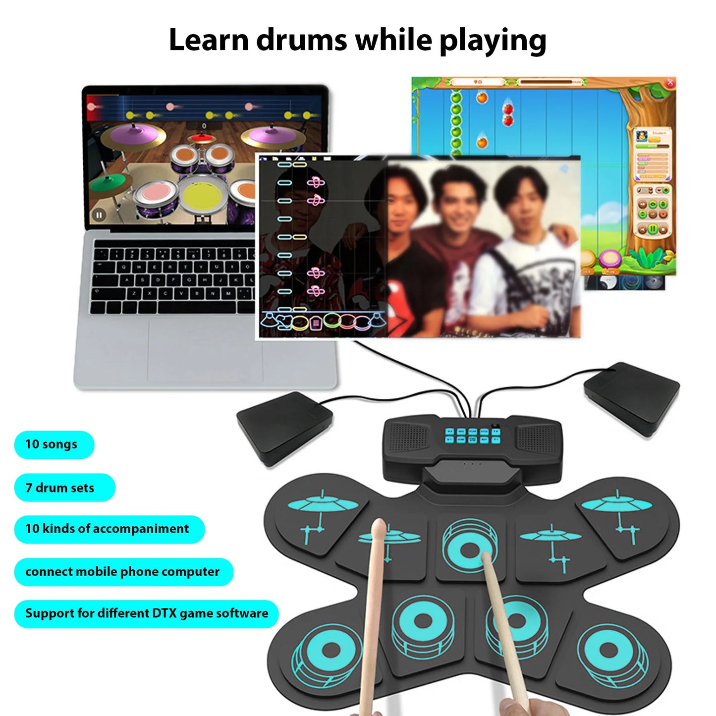 WGS505 Electronic Drum Set 9 Pads Hand Roll Drum with Dual Speaker Rechargeable Practice Drum Kit + Drumsticks + Foot Pedal