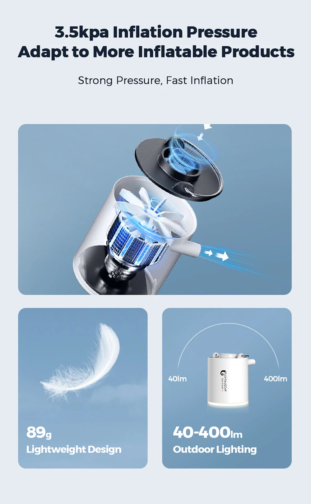 FLEXTAIL Portable Air Pump, Mini Camping Pump with Light, USB-C Charging, Ideal for Sleeping Pads, Air Bed Mattress, Vacuum Bags