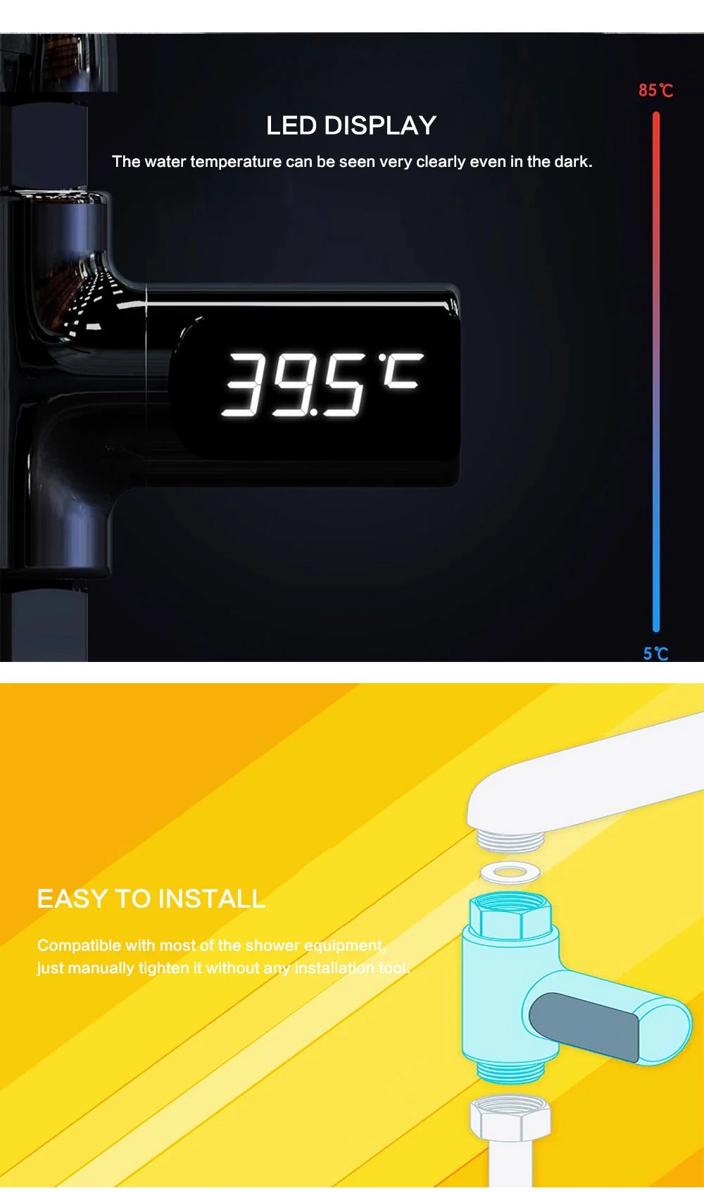Smart LED Digital Shower Thermometer Kitchen Bathroom Faucet Shower Water Thermometer 360° Rotating Water Flow Power Generation