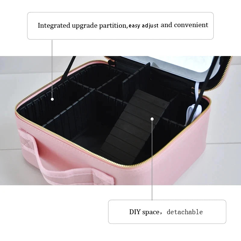 Portable LED Makeup Bag with Mirror&Light Large Capacity Travel Cosmetic Organizer Professional Handheld Cosmetic Storage Box