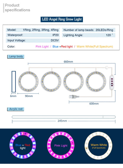 Led Angel Ring Grow Plant Light DC 5V USB Plug Phytolamp for Plants Full Spectrum Lamp For Indoor Seedlings Home Flower Succulet