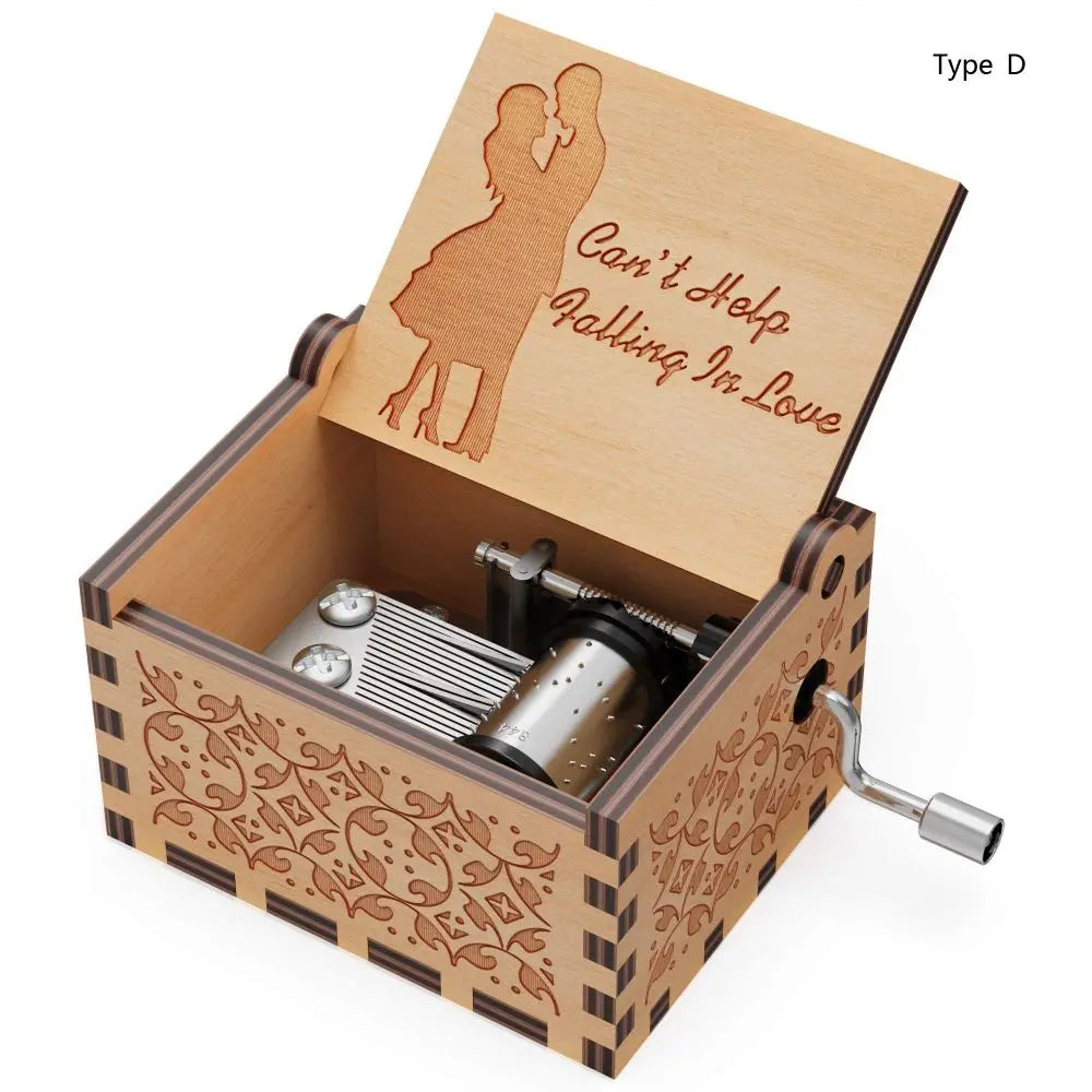 Vintage Engraving Wooden Music Box Hand-cranked Music Box Can't Help Falling in Love Music Box Wife Birthday Valentines Day Gift