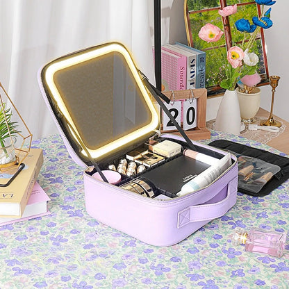 Portable LED Makeup Bag with Mirror&Light Large Capacity Travel Cosmetic Organizer Professional Handheld Cosmetic Storage Box