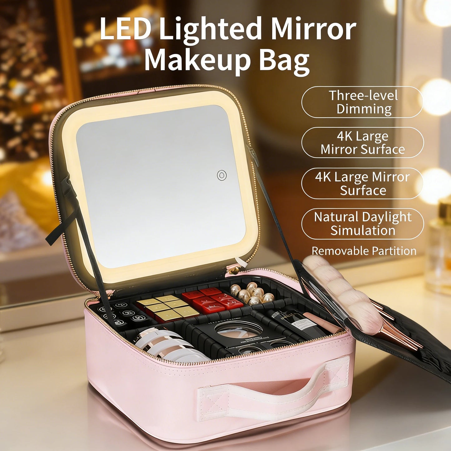 Portable LED Makeup Bag with Mirror&Light Large Capacity Travel Cosmetic Organizer Professional Handheld Cosmetic Storage Box