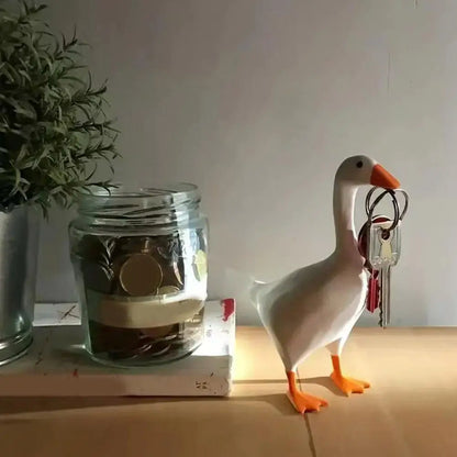Figurines Goose Key Holder, Resin Goose Statue with Base for Key Hanger,Funny Keychain Hanging Rack for Home Office Table Decor