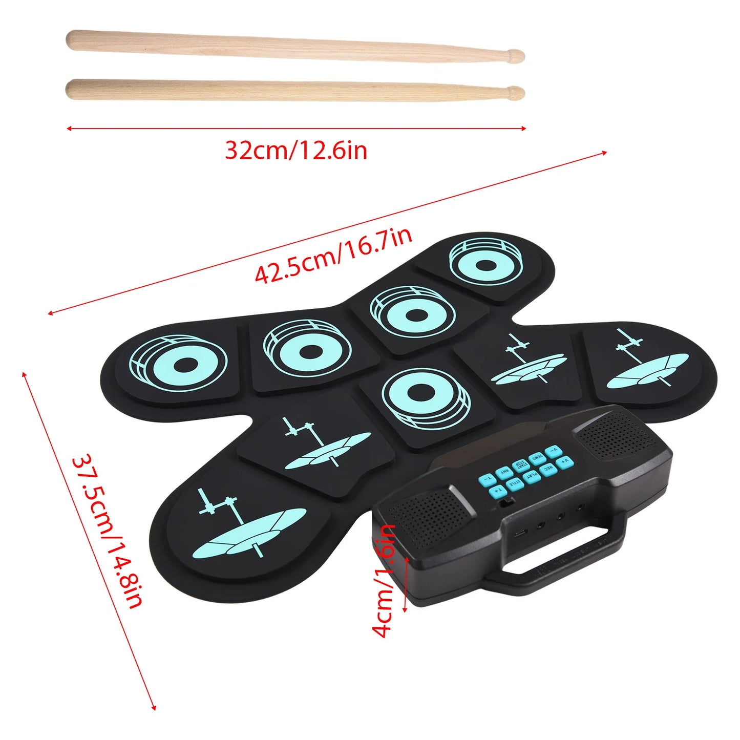 WGS505 Electronic Drum Set 9 Pads Hand Roll Drum with Dual Speaker Rechargeable Practice Drum Kit + Drumsticks + Foot Pedal