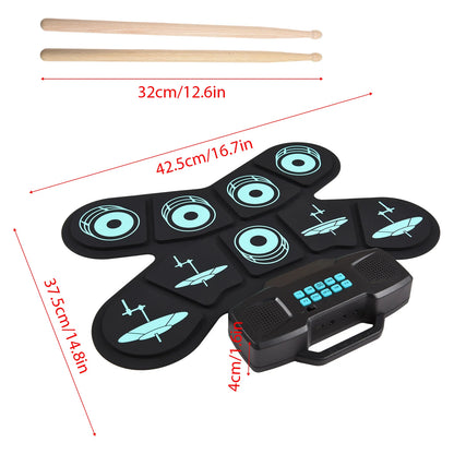 WGS505 Electronic Drum Set 9 Pads Hand Roll Drum with Dual Speaker Rechargeable Practice Drum Kit + Drumsticks + Foot Pedal