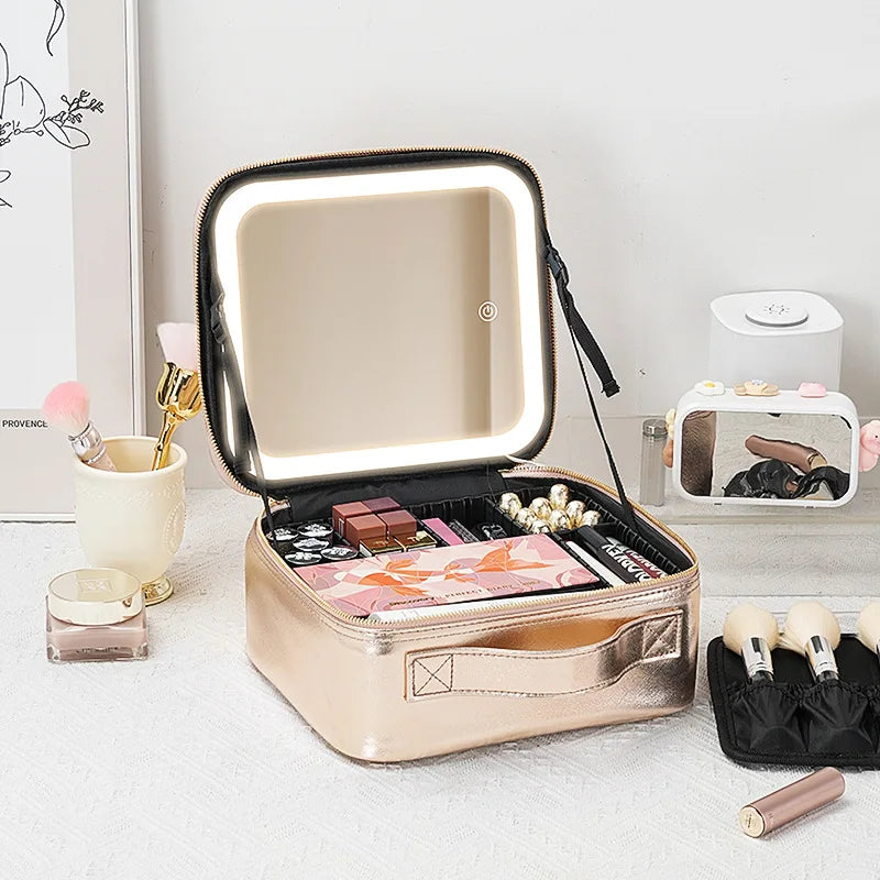 Portable LED Makeup Bag with Mirror&Light Large Capacity Travel Cosmetic Organizer Professional Handheld Cosmetic Storage Box
