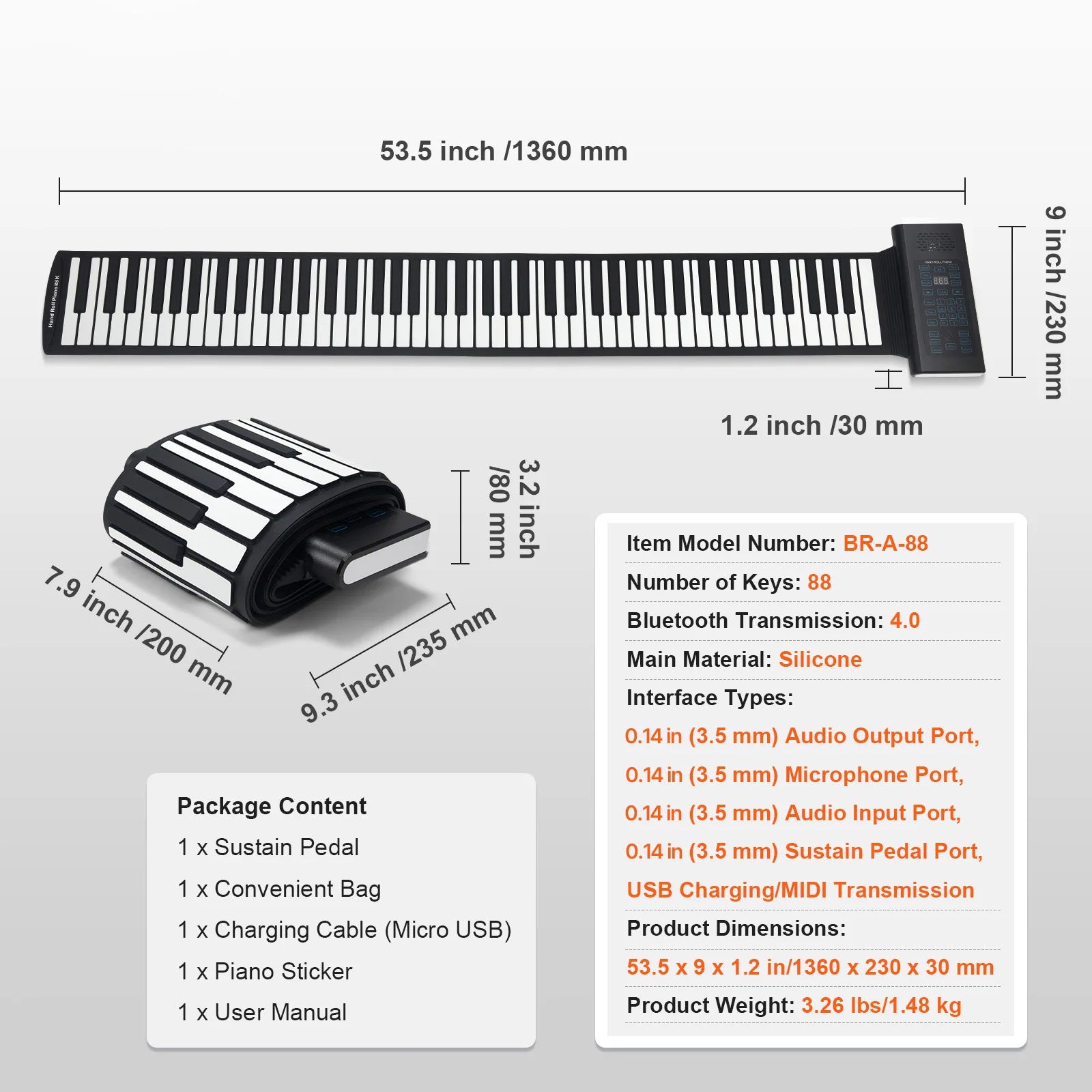 SucceBuy 88 Keys Roll Up Piano 128 Rhythms & Tones Portable Electric Digital Hand Roll Piano for Beginners, Rechargeable Battery