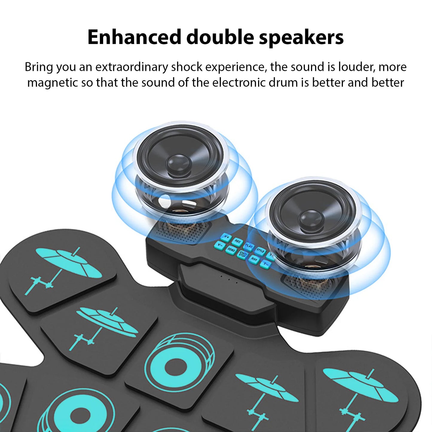 WGS505 Electronic Drum Set 9 Pads Hand Roll Drum with Dual Speaker Rechargeable Practice Drum Kit + Drumsticks + Foot Pedal