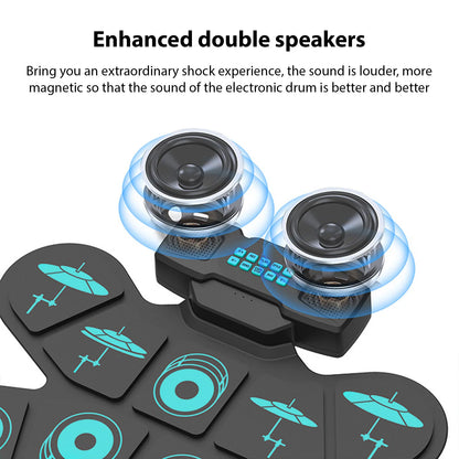 WGS505 Electronic Drum Set 9 Pads Hand Roll Drum with Dual Speaker Rechargeable Practice Drum Kit + Drumsticks + Foot Pedal