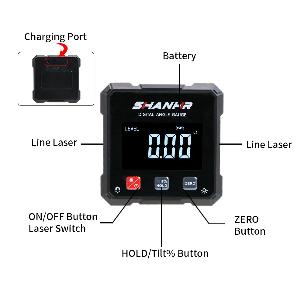 SHANHR Digital Angle Finder with Electronic Laser 4-Side Strong Magnetic Angle Gauge Woodworking Measuring Tool