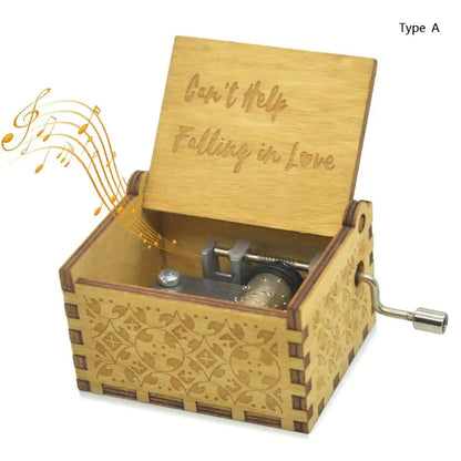 Vintage Engraving Wooden Music Box Hand-cranked Music Box Can't Help Falling in Love Music Box Wife Birthday Valentines Day Gift