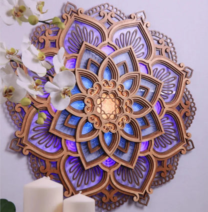 LED Mandala Lotus Lamp Night Light Wall Hanging Ornament Yoga Room Bedroom Home Decoration Accessories Wood Carving Art Statue
